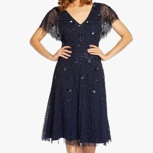 Adrianna Papell - Midi 3D Floral Beaded Flutter Dress